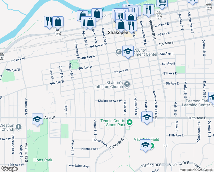 map of restaurants, bars, coffee shops, grocery stores, and more near 326 7th Avenue West in Shakopee