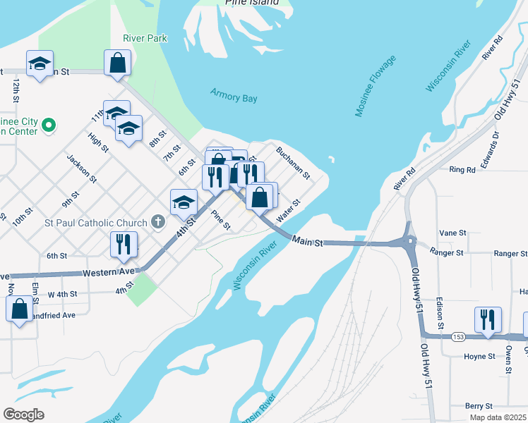 map of restaurants, bars, coffee shops, grocery stores, and more near 123 Main Street in Mosinee