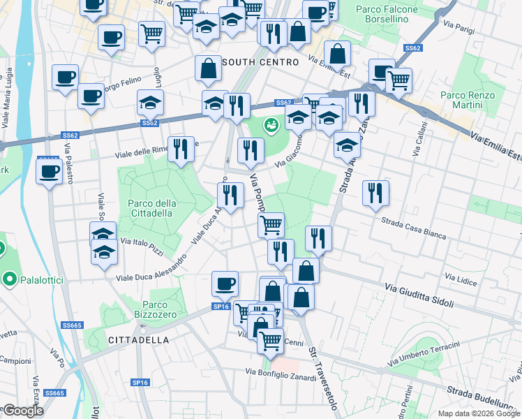 map of restaurants, bars, coffee shops, grocery stores, and more near 21 Via Pomponio Torelli in Parma