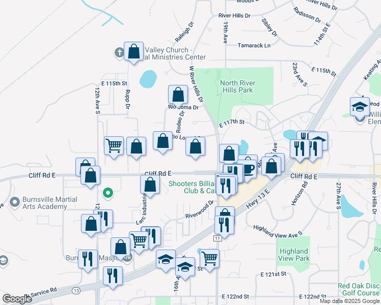 map of restaurants, bars, coffee shops, grocery stores, and more near 11709 Sierra Court in Burnsville