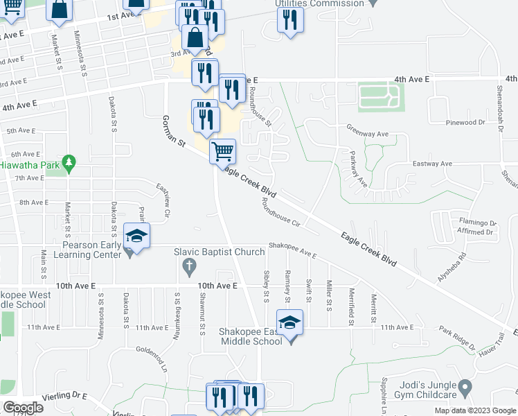map of restaurants, bars, coffee shops, grocery stores, and more near 1470 Roundhouse Circle in Shakopee
