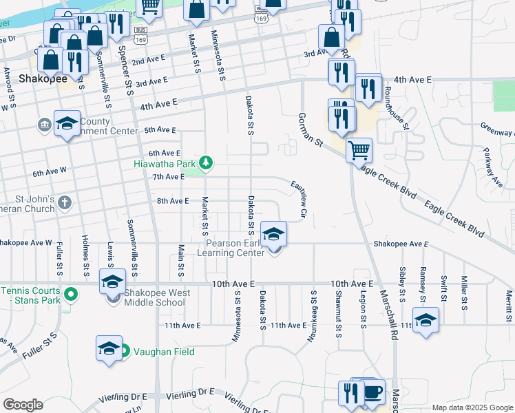 map of restaurants, bars, coffee shops, grocery stores, and more near 910 8th Avenue East in Shakopee