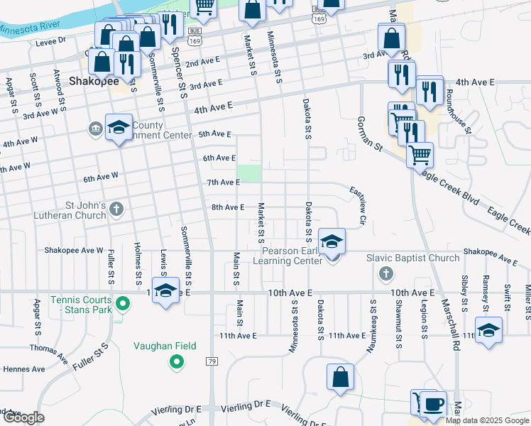 map of restaurants, bars, coffee shops, grocery stores, and more near 807 Market Street South in Shakopee