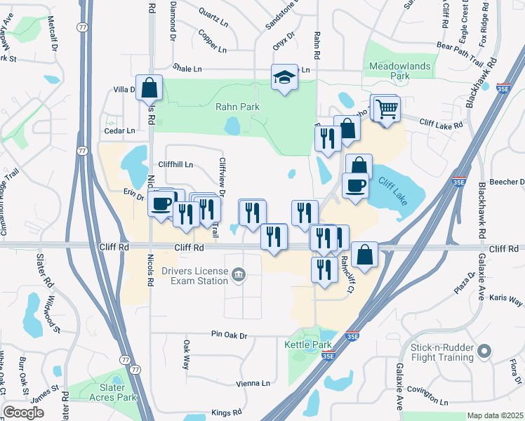 map of restaurants, bars, coffee shops, grocery stores, and more near 2061 Park Center Drive in Eagan