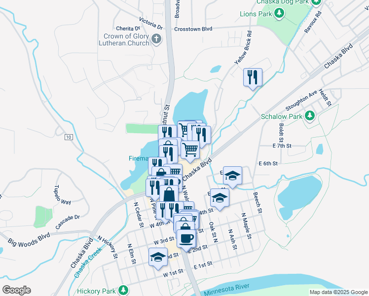map of restaurants, bars, coffee shops, grocery stores, and more near 808 Yellow Brick Road in Chaska