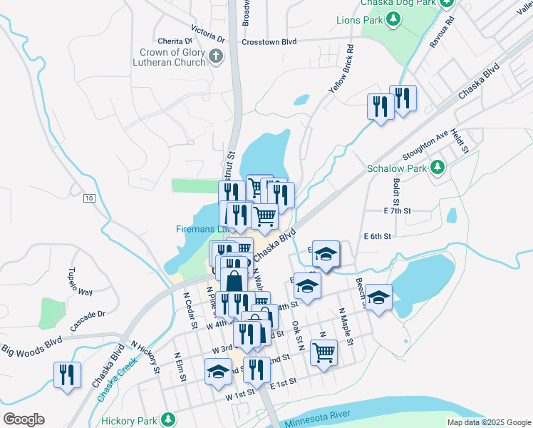 map of restaurants, bars, coffee shops, grocery stores, and more near 808 Yellow Brick Road in Chaska