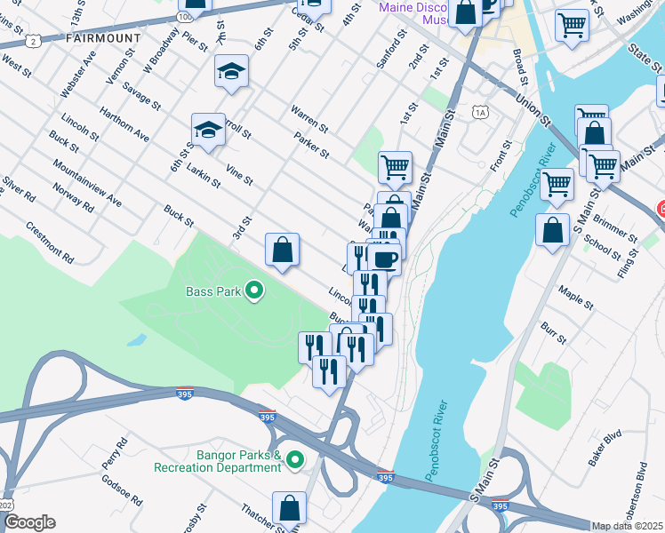 map of restaurants, bars, coffee shops, grocery stores, and more near 54 Larkin Street in Bangor