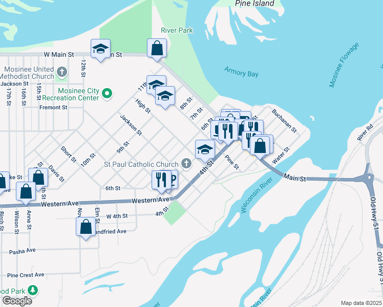 map of restaurants, bars, coffee shops, grocery stores, and more near 607 5th Street in Mosinee