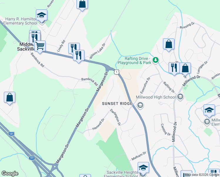 map of restaurants, bars, coffee shops, grocery stores, and more near 160 Darlington Drive in Middle Sackville