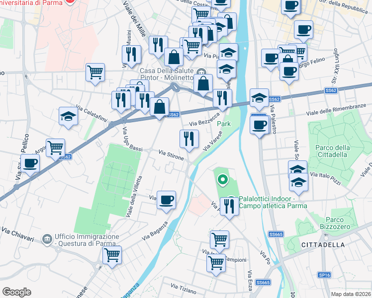 map of restaurants, bars, coffee shops, grocery stores, and more near 21 Via Stanislao Solari in Parma