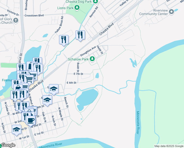 map of restaurants, bars, coffee shops, grocery stores, and more near 729 East 7th Street in Chaska