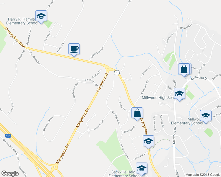map of restaurants, bars, coffee shops, grocery stores, and more near 162 Darlington Drive in Middle Sackville