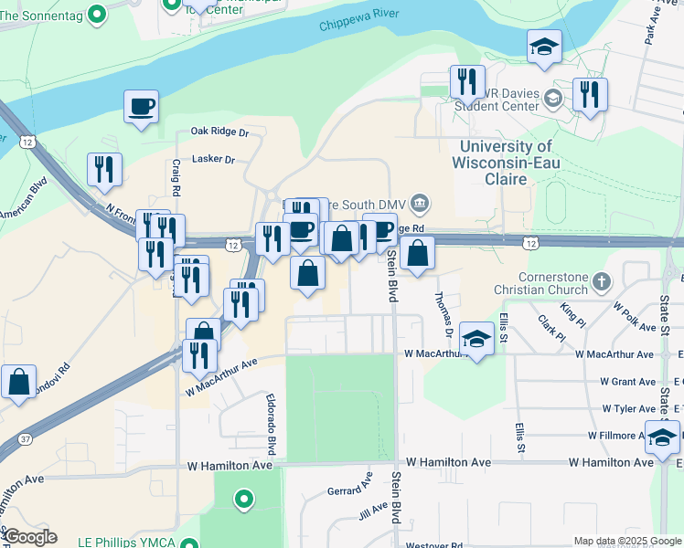 map of restaurants, bars, coffee shops, grocery stores, and more near 831 West Clairemont Avenue in Eau Claire