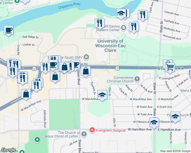 map of restaurants, bars, coffee shops, grocery stores, and more near 655 Kenney Avenue in Eau Claire