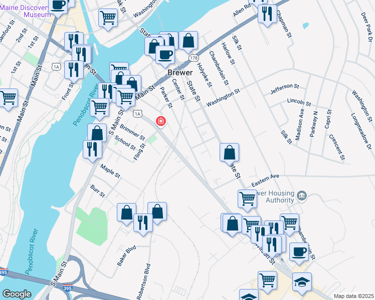 map of restaurants, bars, coffee shops, grocery stores, and more near 223 Wilson Street in Brewer