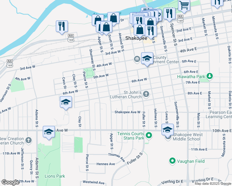 map of restaurants, bars, coffee shops, grocery stores, and more near 413 7th Avenue West in Shakopee