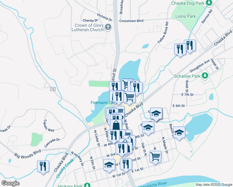 map of restaurants, bars, coffee shops, grocery stores, and more near 810 Walnut Place in Chaska