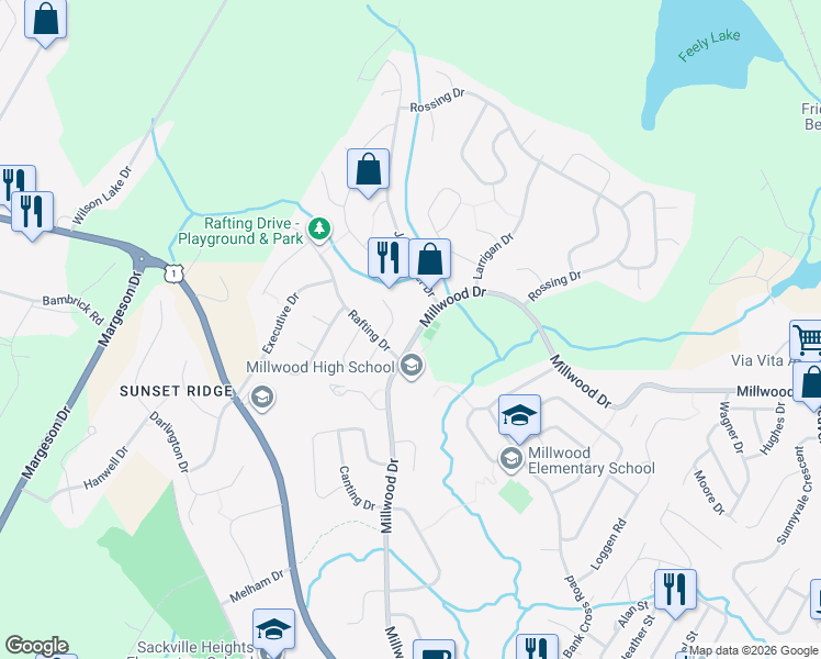 map of restaurants, bars, coffee shops, grocery stores, and more near 152 Millwood Drive in Middle Sackville