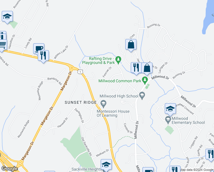 map of restaurants, bars, coffee shops, grocery stores, and more near 99 Executive Drive in Middle Sackville
