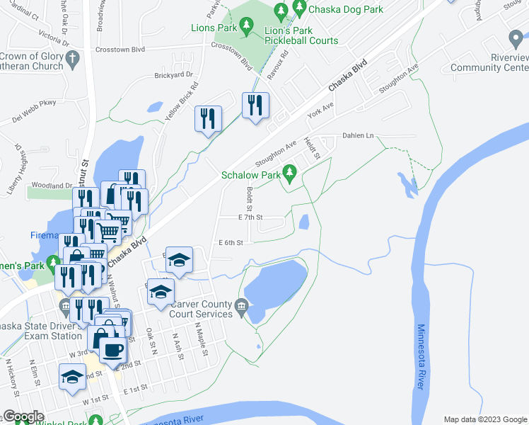 map of restaurants, bars, coffee shops, grocery stores, and more near 707 East 7th Street in Chaska