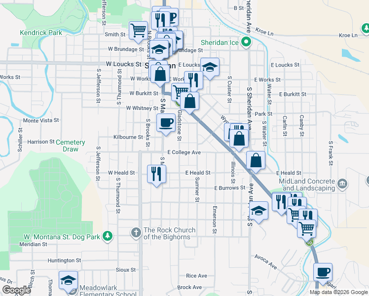 map of restaurants, bars, coffee shops, grocery stores, and more near 615-625 Gladstone Street in Sheridan