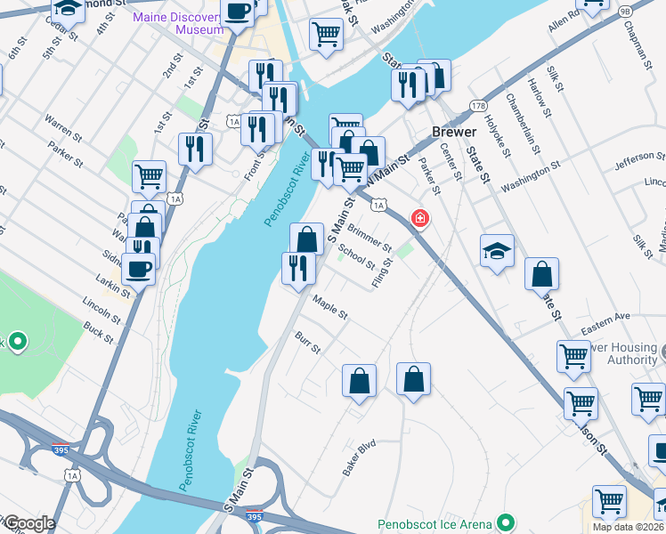 map of restaurants, bars, coffee shops, grocery stores, and more near 7 Gibbons Court in Brewer
