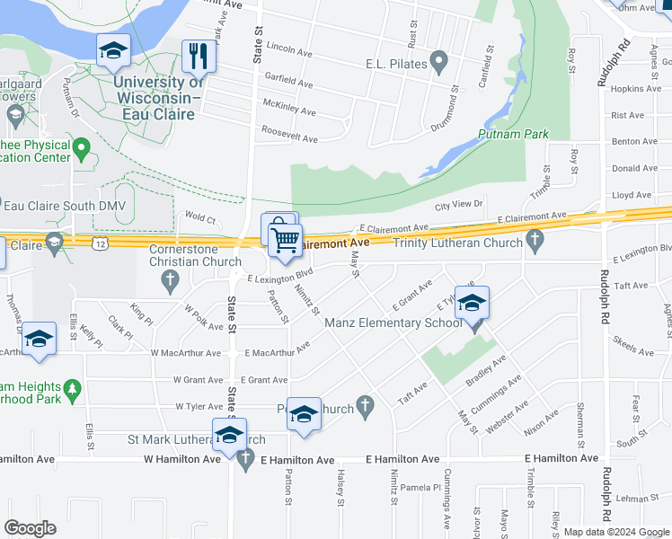 map of restaurants, bars, coffee shops, grocery stores, and more near 609 East Polk Avenue in Eau Claire