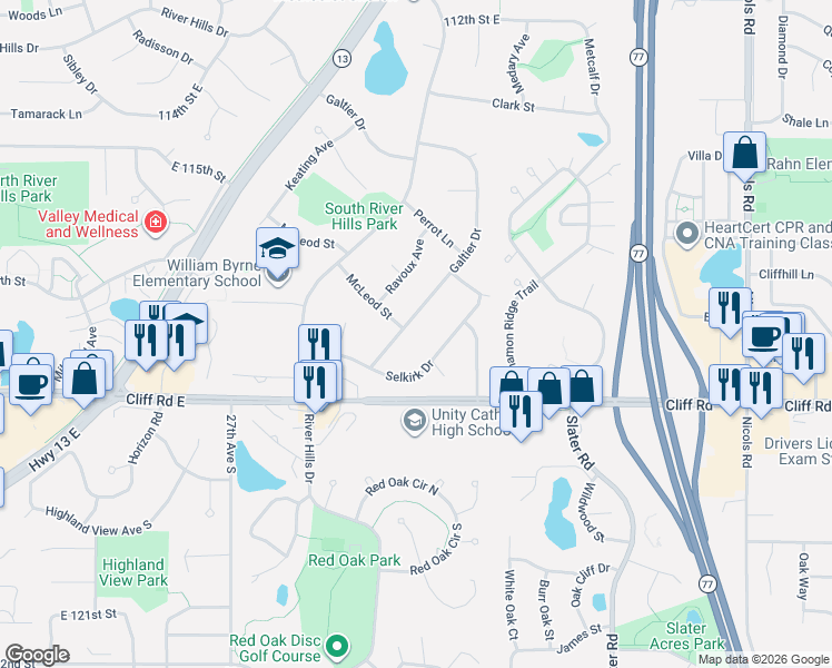 map of restaurants, bars, coffee shops, grocery stores, and more near 3206 Selkirk Drive in Burnsville