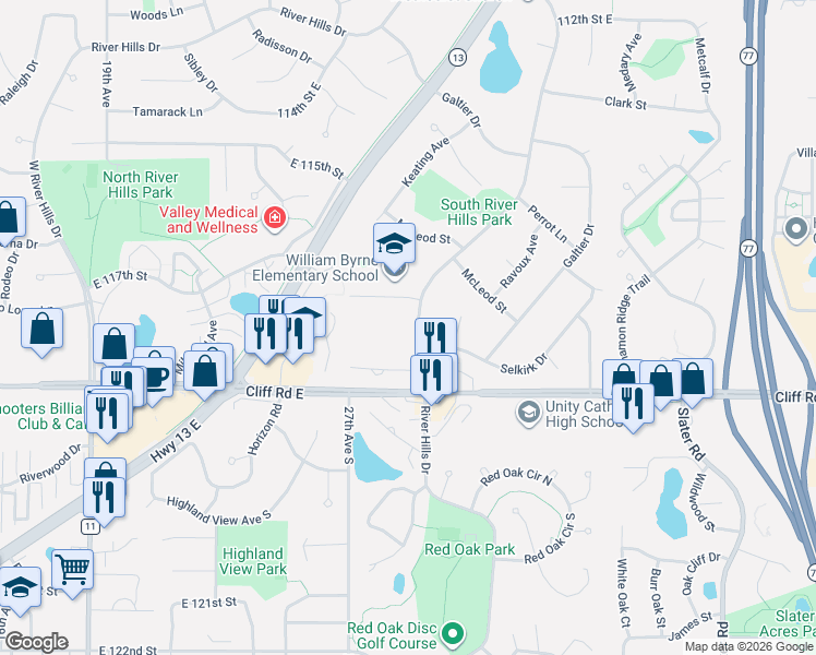 map of restaurants, bars, coffee shops, grocery stores, and more near 11704 River Hills Drive in Burnsville