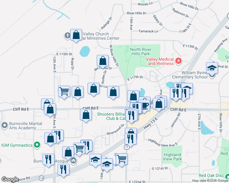 map of restaurants, bars, coffee shops, grocery stores, and more near 11709 Sierra Court in Burnsville