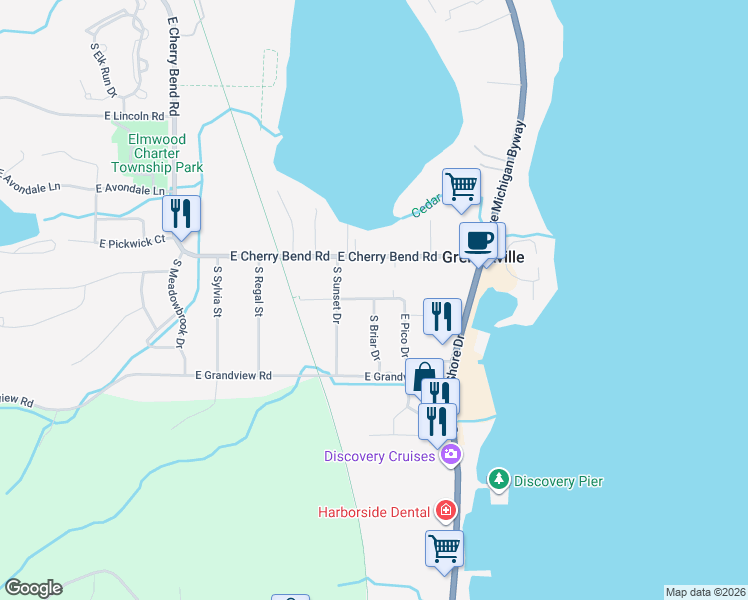 map of restaurants, bars, coffee shops, grocery stores, and more near 12801 South Briar Drive in Traverse City
