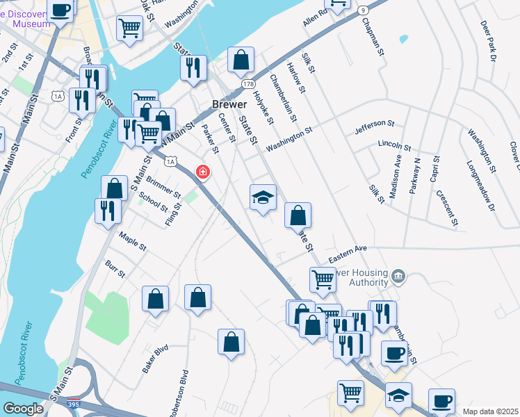 map of restaurants, bars, coffee shops, grocery stores, and more near 5 Somerset Street in Brewer