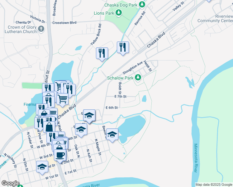 map of restaurants, bars, coffee shops, grocery stores, and more near 612 East 7th Street in Chaska