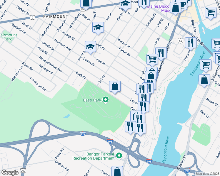 map of restaurants, bars, coffee shops, grocery stores, and more near 151 Buck Street in Bangor