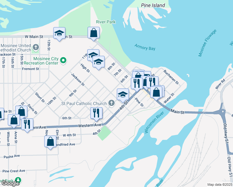 map of restaurants, bars, coffee shops, grocery stores, and more near 503 High Street in Mosinee