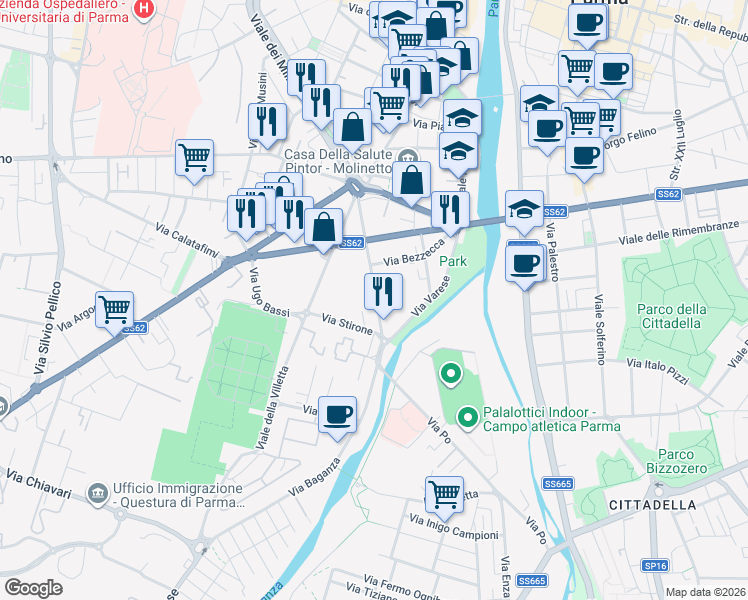 map of restaurants, bars, coffee shops, grocery stores, and more near 20-30 Via Stanislao Solari in Parma