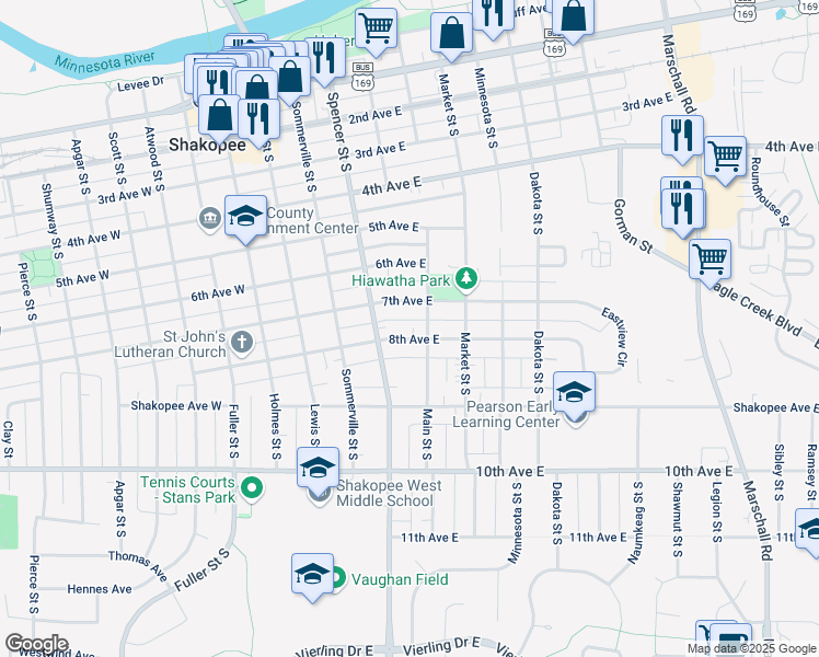map of restaurants, bars, coffee shops, grocery stores, and more near 542 7th Avenue East in Shakopee