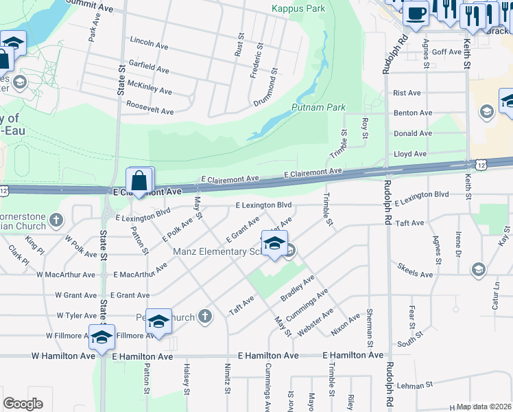 map of restaurants, bars, coffee shops, grocery stores, and more near 1029 East Clairemont Avenue in Eau Claire