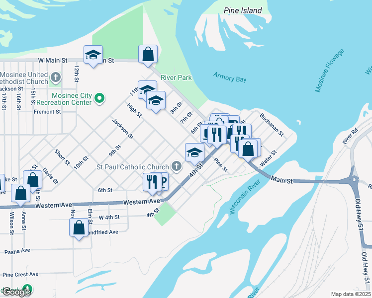map of restaurants, bars, coffee shops, grocery stores, and more near 414 6th Street in Mosinee