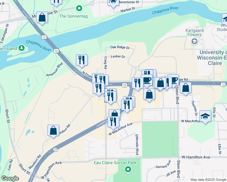 map of restaurants, bars, coffee shops, grocery stores, and more near 1202 W Clairemont Ave in Eau Claire