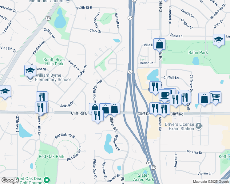 map of restaurants, bars, coffee shops, grocery stores, and more near 4598 Slater Road in Eagan