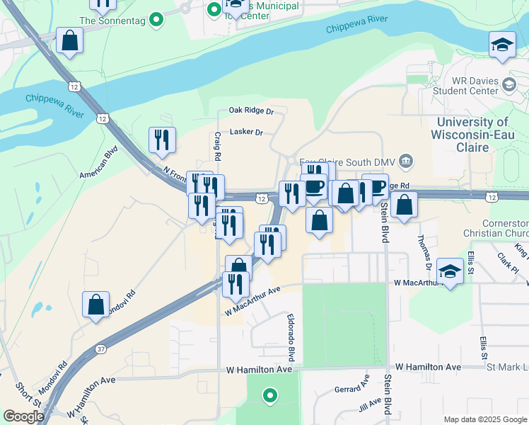 map of restaurants, bars, coffee shops, grocery stores, and more near 1101 West Clairemont Avenue in Eau Claire