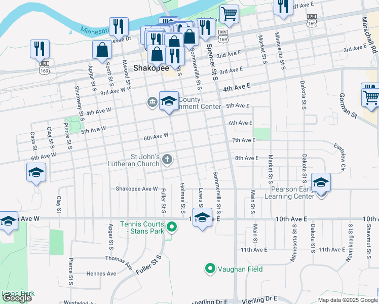 map of restaurants, bars, coffee shops, grocery stores, and more near 625 Lewis Street South in Shakopee