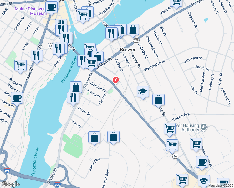 map of restaurants, bars, coffee shops, grocery stores, and more near 188 Wilson Street in Brewer