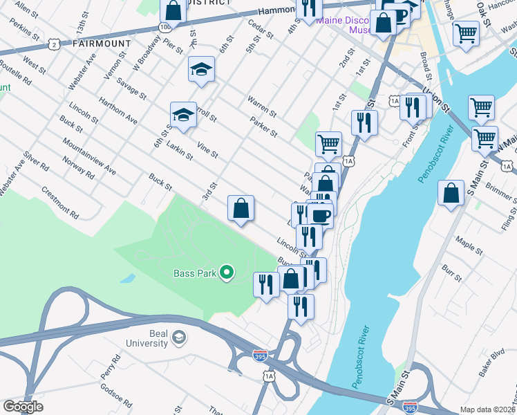 map of restaurants, bars, coffee shops, grocery stores, and more near 105 Larkin Street in Bangor