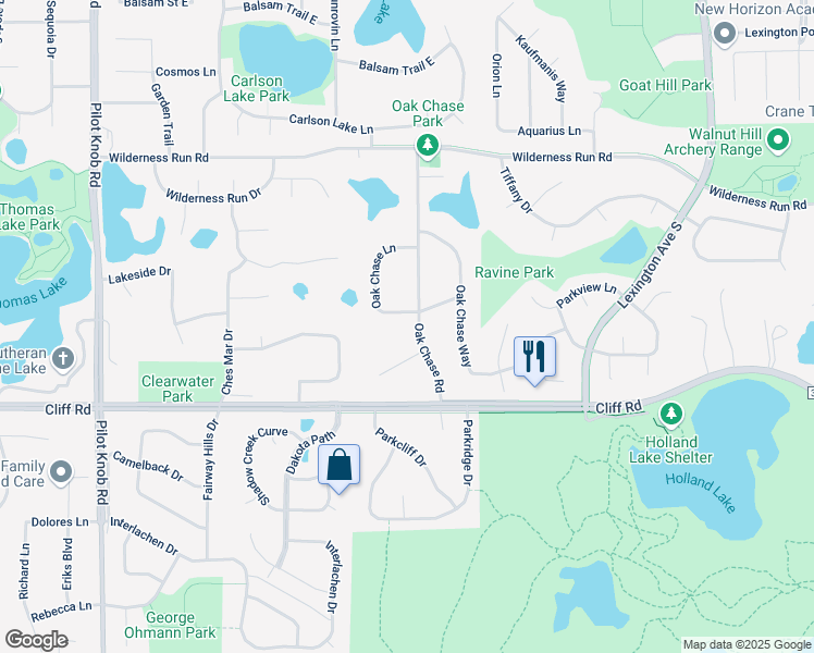 map of restaurants, bars, coffee shops, grocery stores, and more near 4515 Oak Chase Road in Eagan