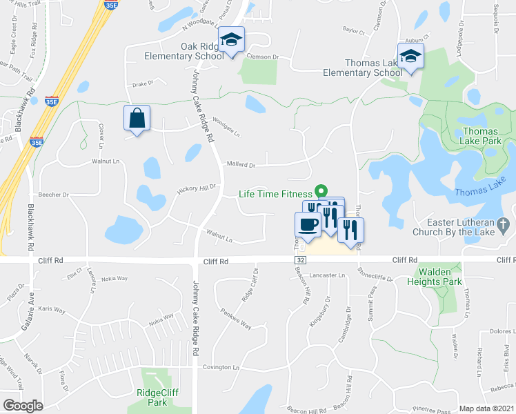 map of restaurants, bars, coffee shops, grocery stores, and more near 1641 Hickory Lane in Eagan