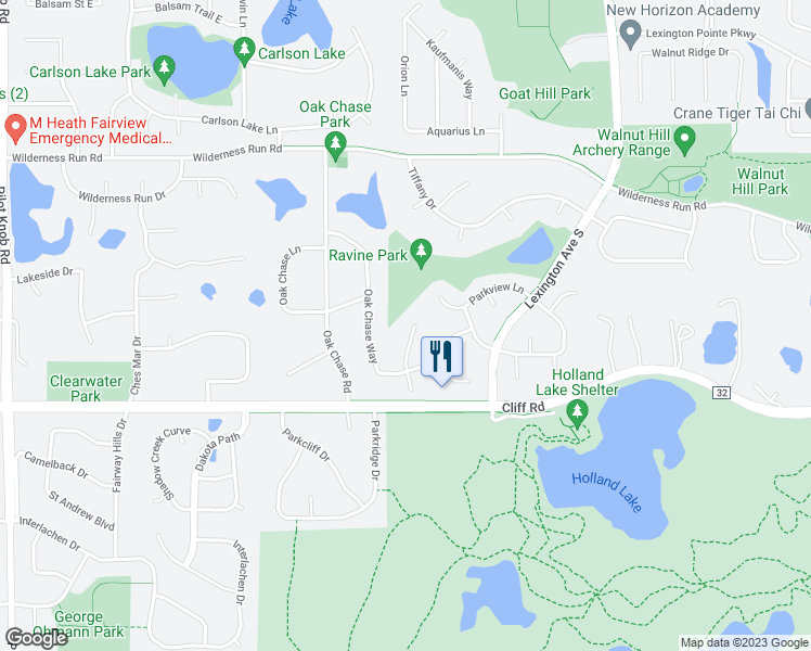 map of restaurants, bars, coffee shops, grocery stores, and more near 4550 Cliff Ridge Court in Eagan