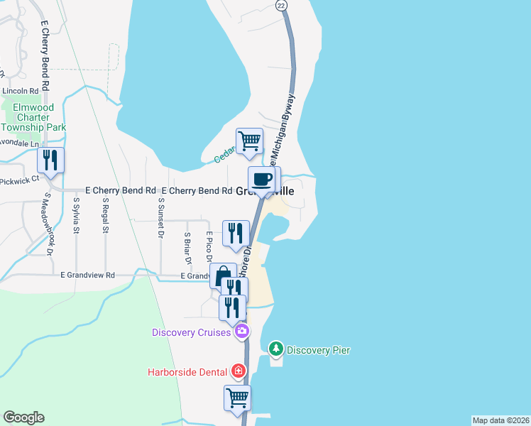 map of restaurants, bars, coffee shops, grocery stores, and more near in Greilickville