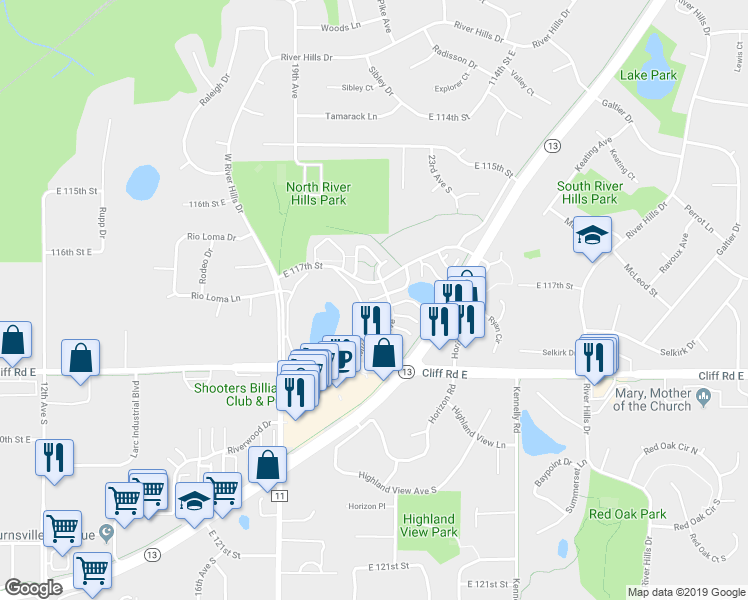 map of restaurants, bars, coffee shops, grocery stores, and more near 11660 Millpond Avenue in Burnsville
